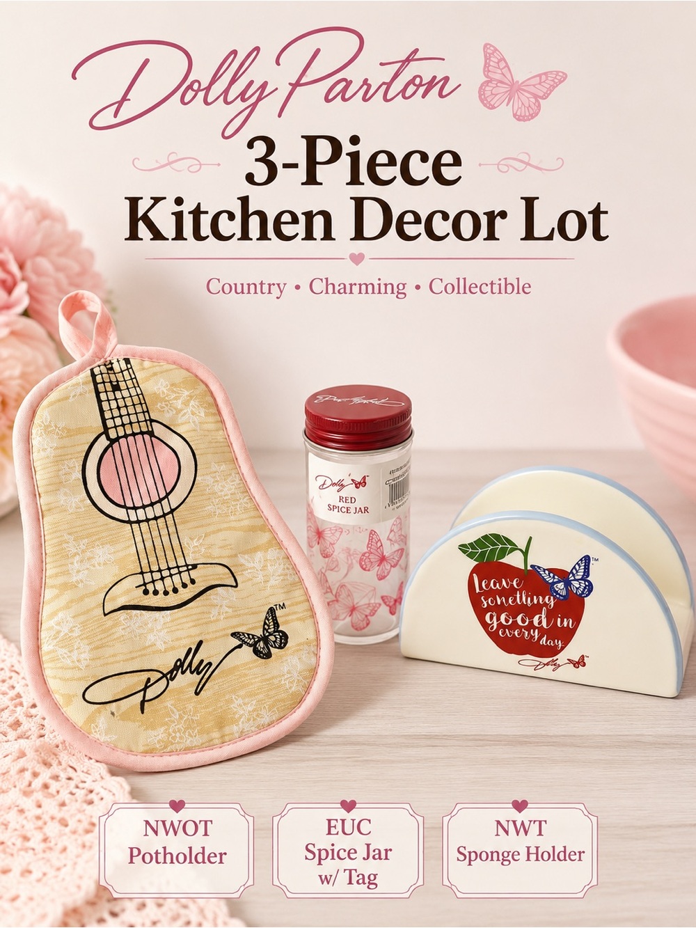 Dolly Parton Kitchen Decor Lot Spice Jar Potholder Sponge Holder